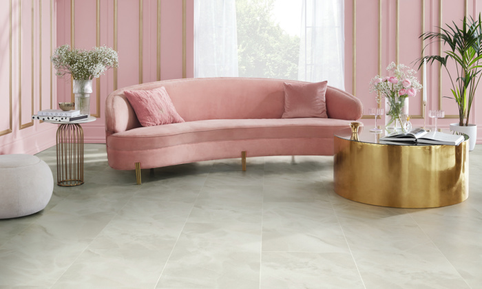 Karndean Designflooring Pearl Onyx stone tile in a pink Living Space