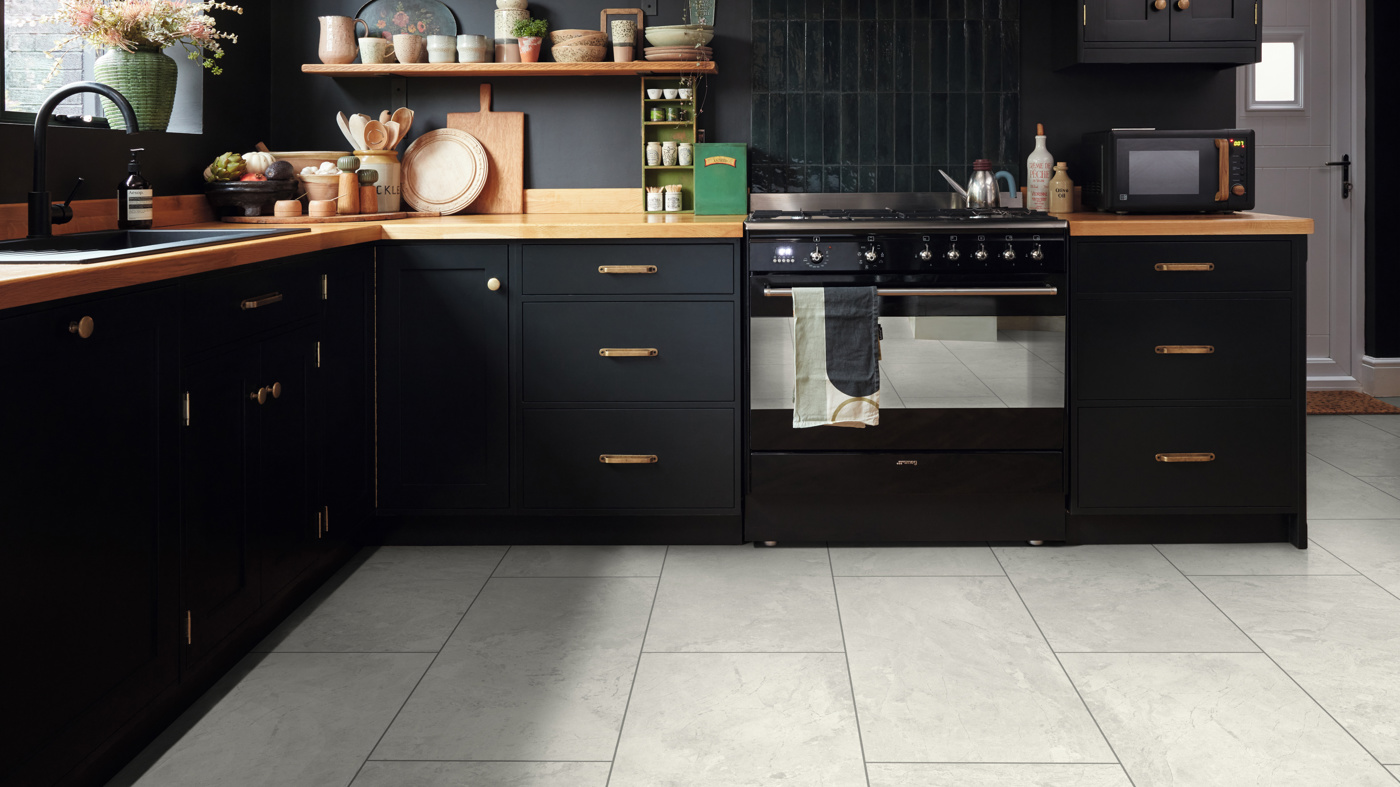 Bianco Breccia Marble lvp floors in a modern kitchen