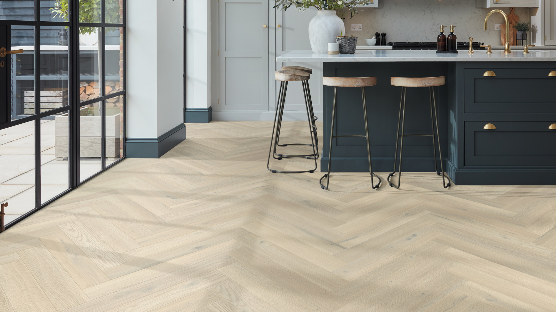 Basque Oak small herringbone floors in a bright kitchen