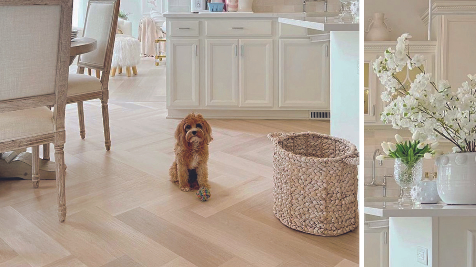 Texas White Ash herringbone in the rennovated kitchen and breakfast area