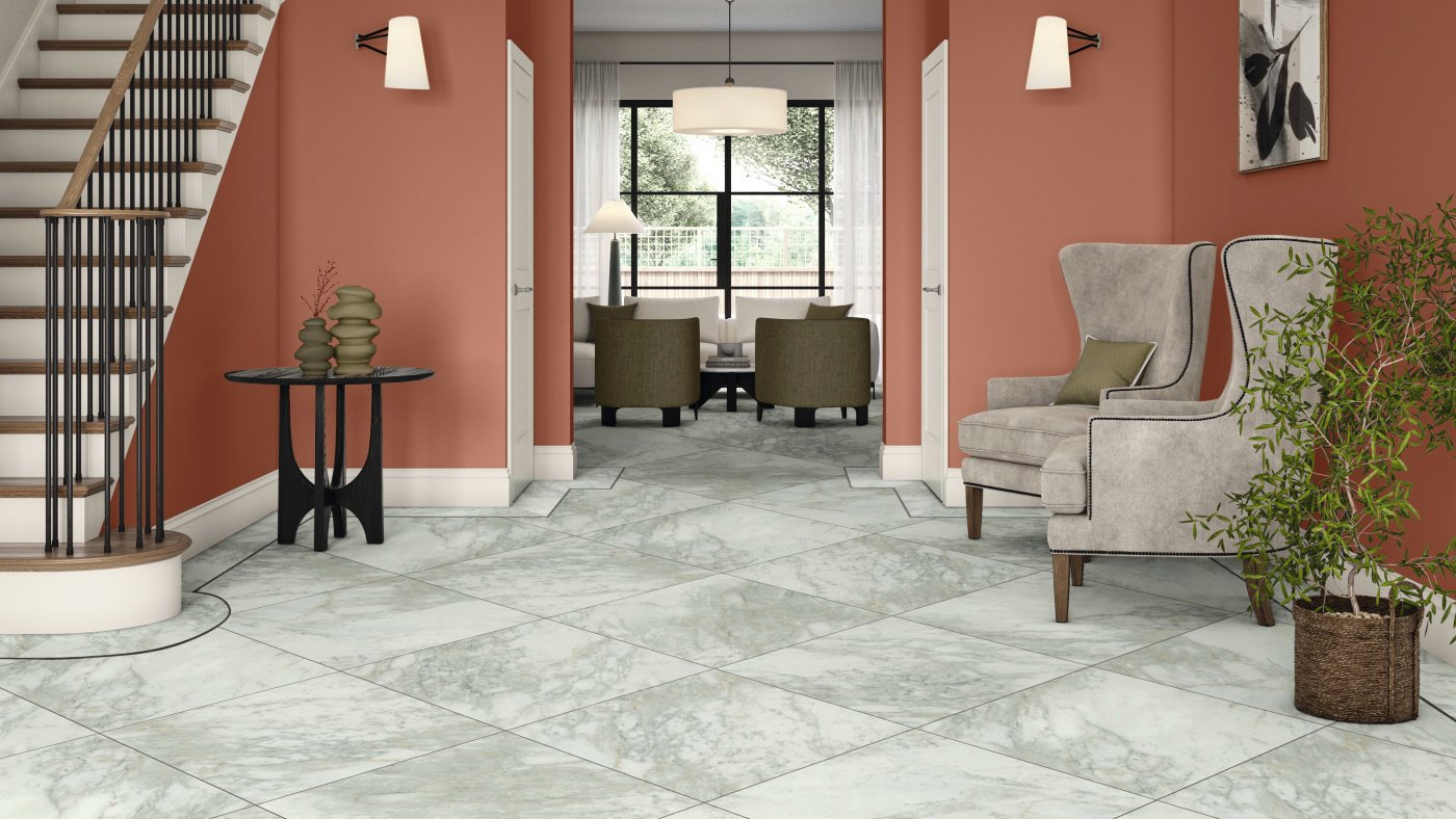  Sillano Marble gluedown floors with design strips creating a grout effect in a hallway