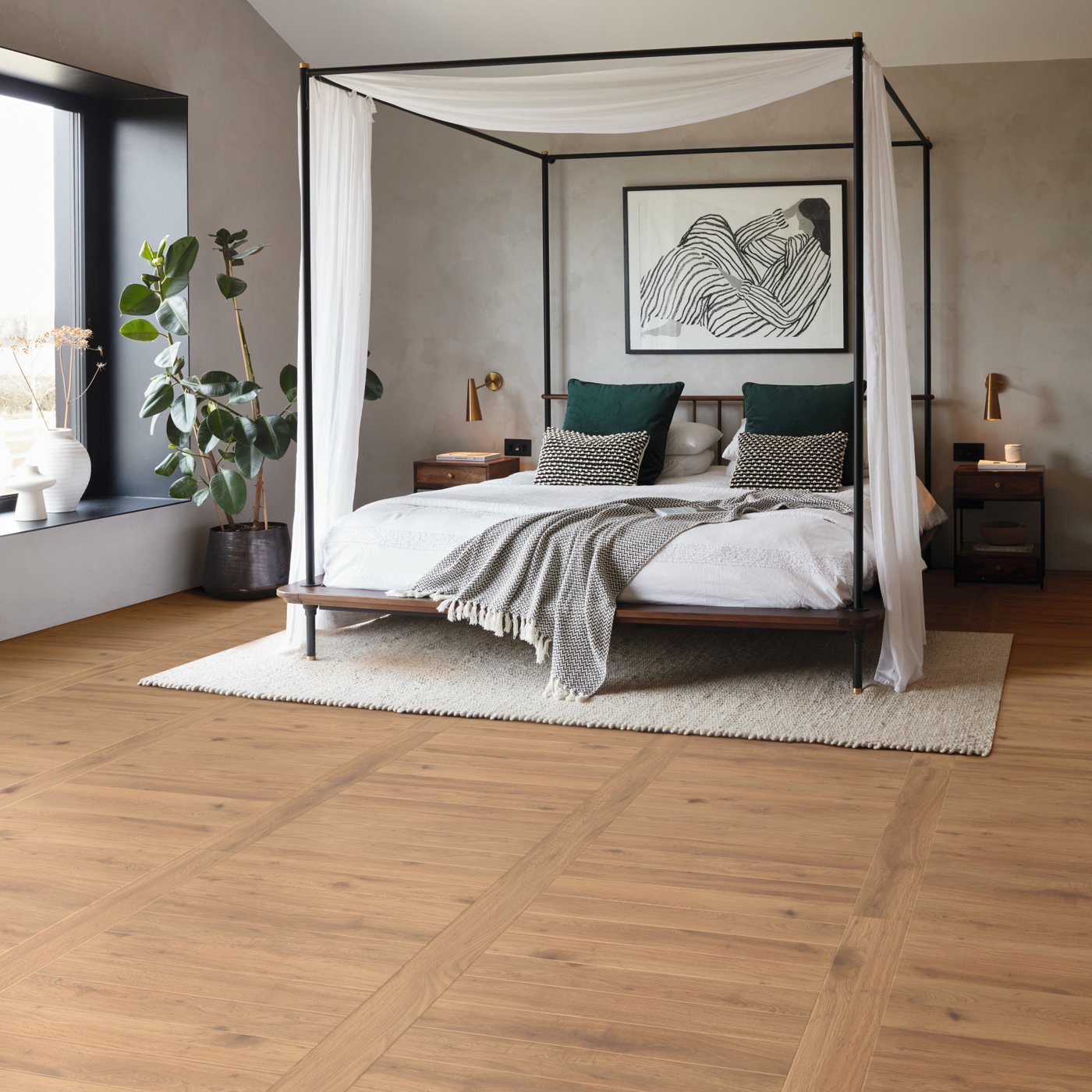 Natural Oak RL48 laid out in a basket weave pattern in a bedroom 