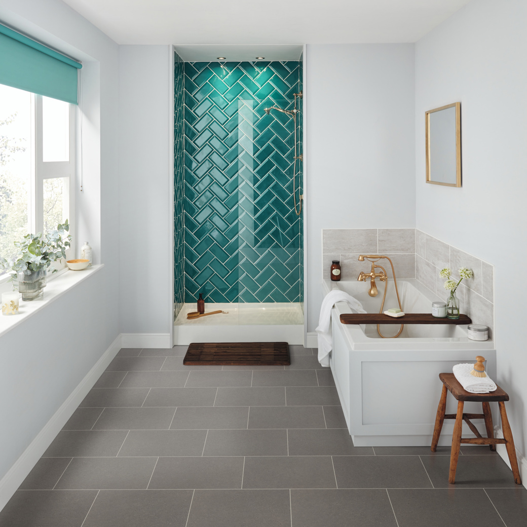 Bern Stone SCB-ST30-G in a white and teal bathroom Knight Tile