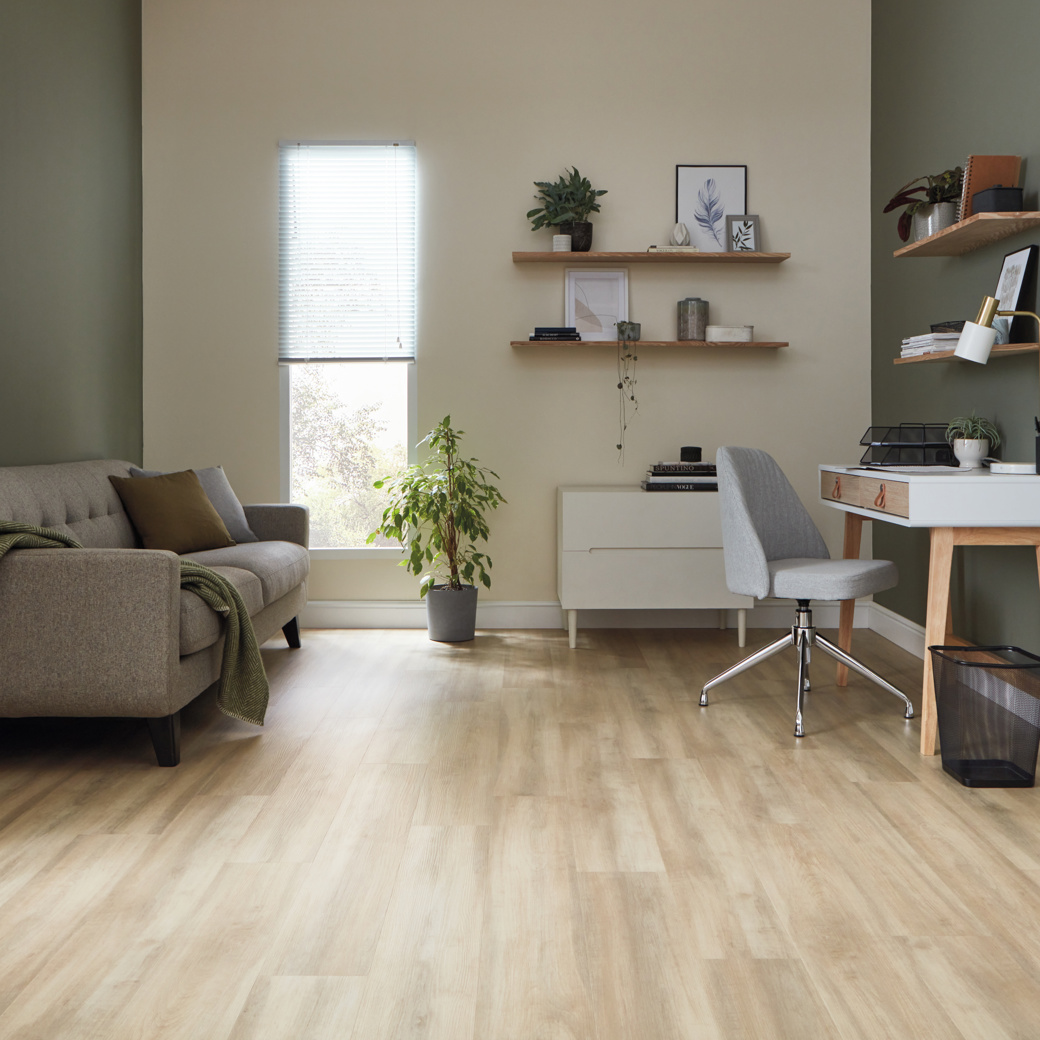 Muted green home office with Millstone Sycamore RCP6546 floors