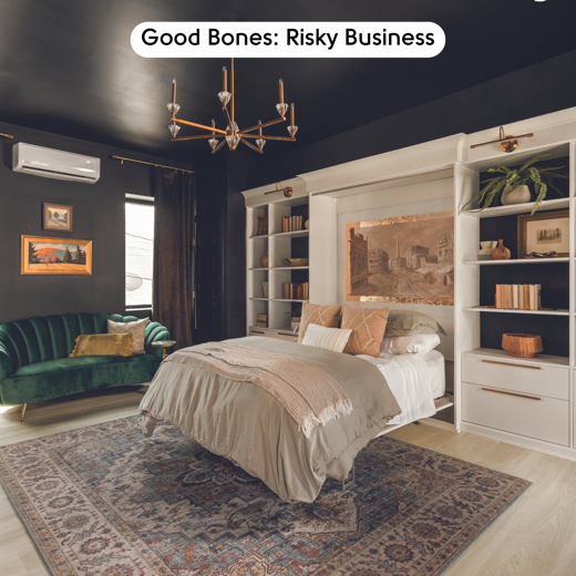 Ivory Brushed Oak RKP8217 floors in a carriage house bedroom designed by Mina Starsiak Hawk in Good Bones: Risky Business; photo credit: Cory Phillips, The Home Aesthetic