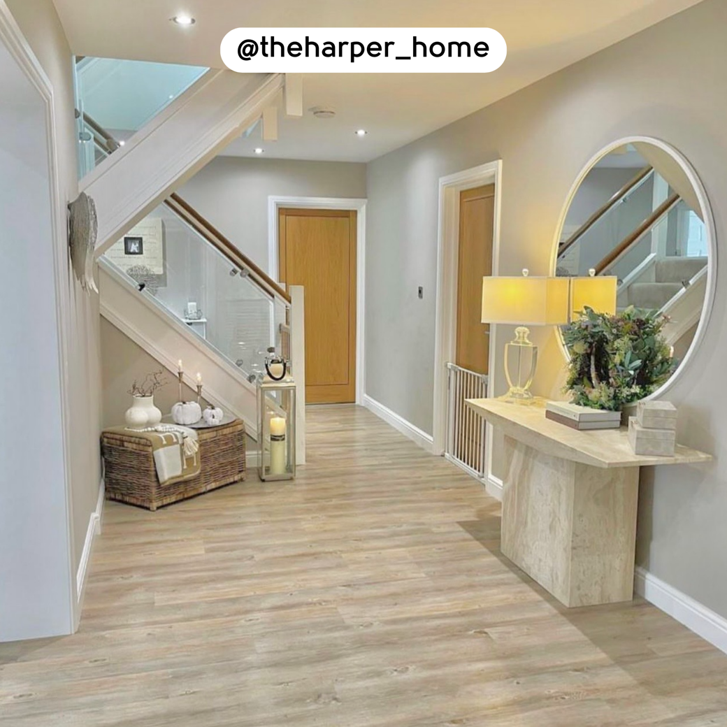 Stairwell featuring Country Oak VGW81T floors; photo credit: @theharper_home